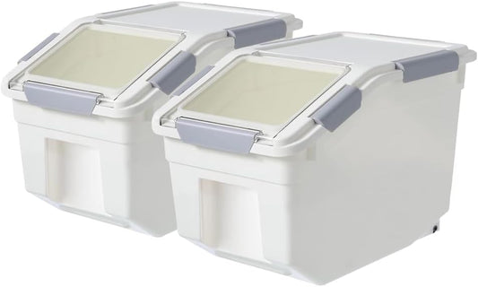 20Lbs 2 Pack Food Storage Container with Scoop, Airtight Rice Storage Bins Flour Containers Pet Food Dispenser with Handle & Wheels, Plastic Kitchen Pantry Organization for Cereal Baking Supplies