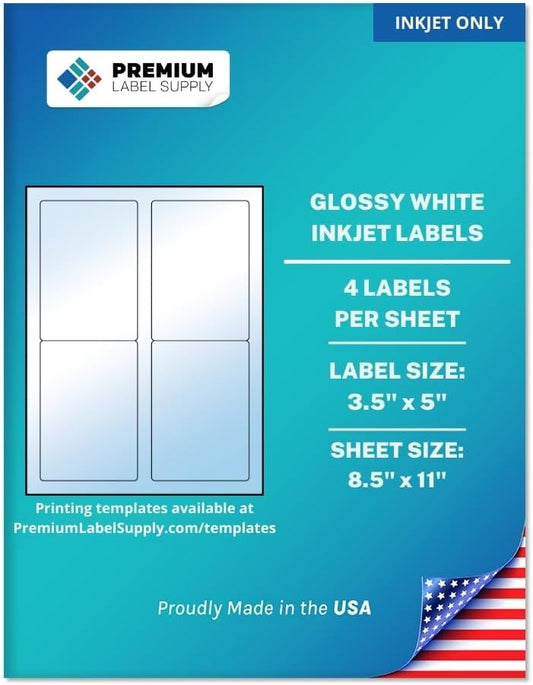 Premium Label Supply Glossy White Sticker Labels – 3.5" x 5" – (4 per Sheet) (Glossy White for Inkjet Only, 100 Labels)