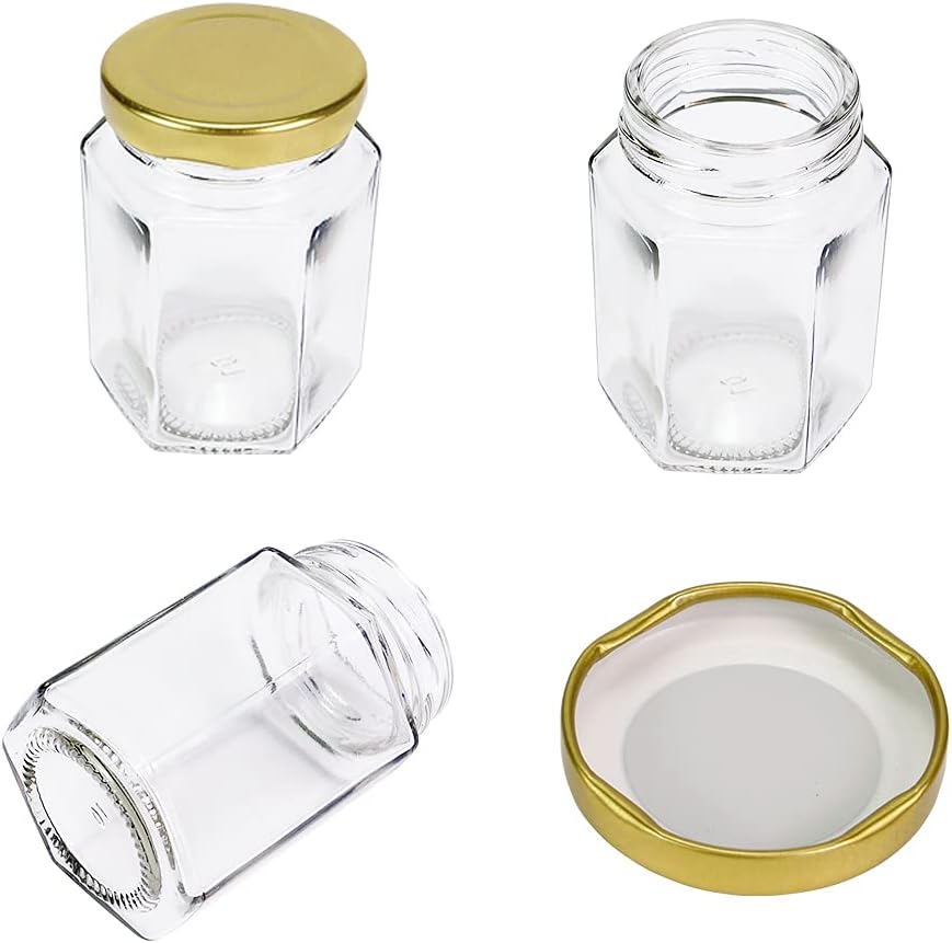 24 Pack 4oz Glass Hexagon Honey Jars Golden Lids -Wooden Honey Dipper, Bee Charms, Tag String, Gold Gift Bags, Thank You Gift Tags, Wedding Favors Baby Shower Party (Gold 24 bags)