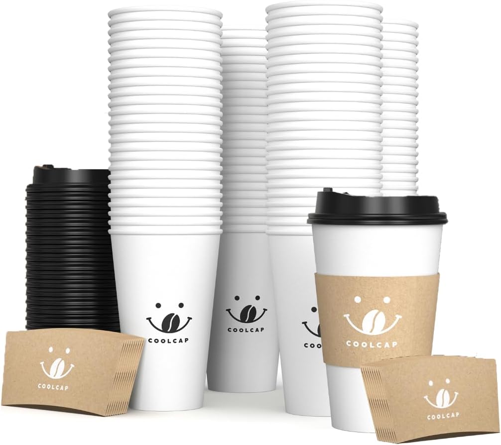 100 Pack 12oz Disposable Coffee Cups with Lids and Sleeves, To Go Paper Cups for Hot & Cold Beverages