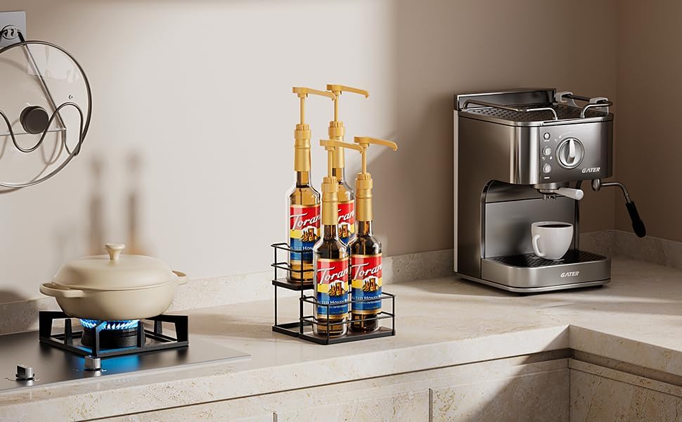 4 Bottle Capacity Coffee Syrup Organizer 2 Tier Coffee Syrup Stand Shelf for Coffee Bar Kitchen Small Wine Rack for Bar Family Storage for Syrup Wine Dressing