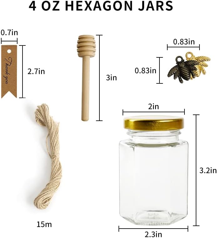 12 Pack 4oz Glass Hexagon Honey Jars Golden Lids - Extra Wooden Honey Dipper Sticks, Bee Charms, Tag String, Thank You Gift Tags, Wedding Favors Gifts, Baby Shower Party Canning Jar(Bronze)