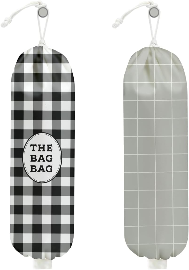 2Pcs Black White Buffalo Check Plaid Plastic Bag Holder, Wall Mount Grocery Bag Holder for Plastic Bags, Minimalist Grid Reusable Grocery Bags Storage Dispenser for Home Kitchen Farmhouse