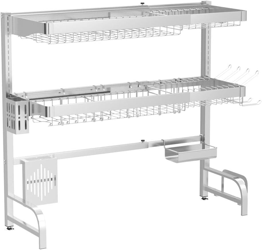 3 Tier Extra Large Stainless Steel Expandable Over The Sink Dish Drainer Drying Rack, Rust Proof Metal, Space Saving, Modern Silver Big Capacity Extendable Plate Strainers Above Kitchen Counter