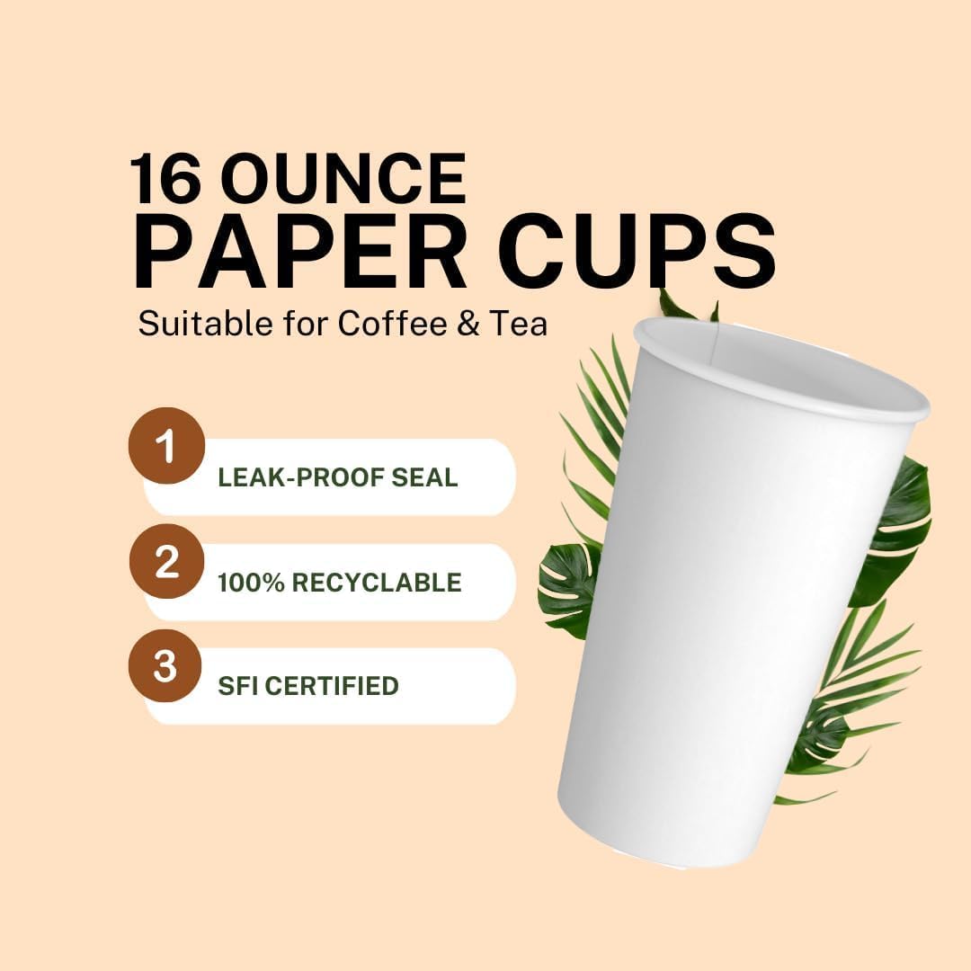 Made-In-USA 16 Ounce Disposable Hot Paper Cups, 1000 Count | Coffee Cups, Leak-Free Food Safe for Hot Drinks, White (16 oz)