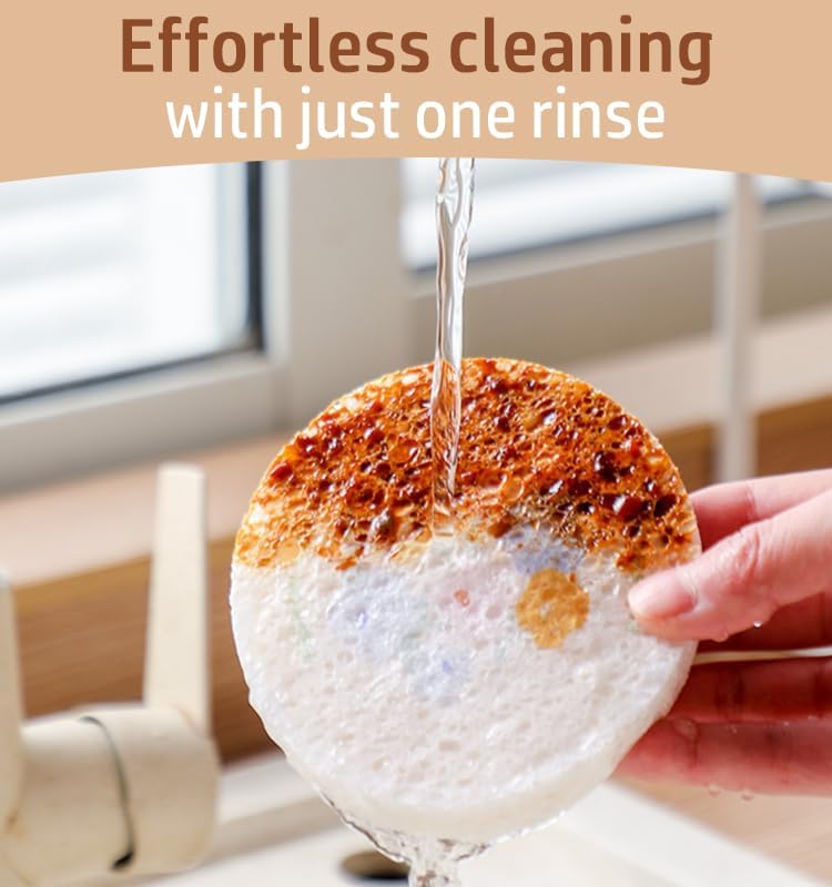 Flower-Shaped Wood Pulp Sponge Scrubber, sponges Kitchen– Dual-Sided Natural Dish Sponge,sponges for Dishes, Eco-Friendly, Quick-Drying, Gentle on Non-Stick Pans (9.3×1.8cm) (12pcs)