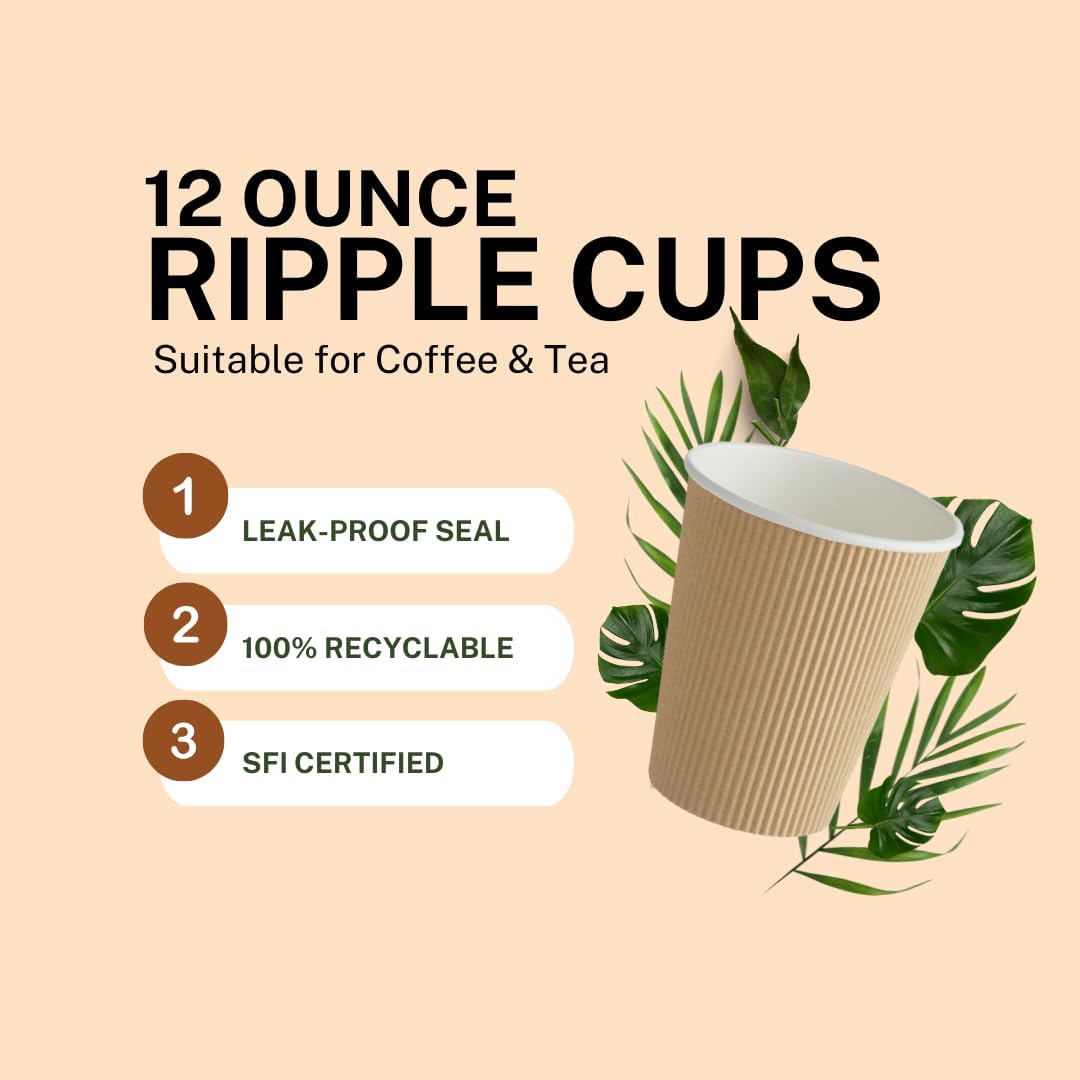 Ripple Paper Cups 12 oz 200 Pack for Coffee & Tea Made in USA | Bulk for Home, Office, Restaurants & Coffee Shops | Recyclable, Insulated, & Disposable To-Go Cups for Hot Beverages (12 oz - 200 count)