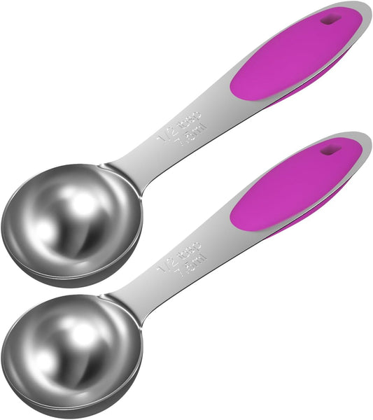 2PCS 1/2 Tbsp(1.5tsp, 1/4oz, 7.5ml) Single Measuring Spoon with Pink Silicone Grip, Stainless Steel Individual Measure Scoop Only