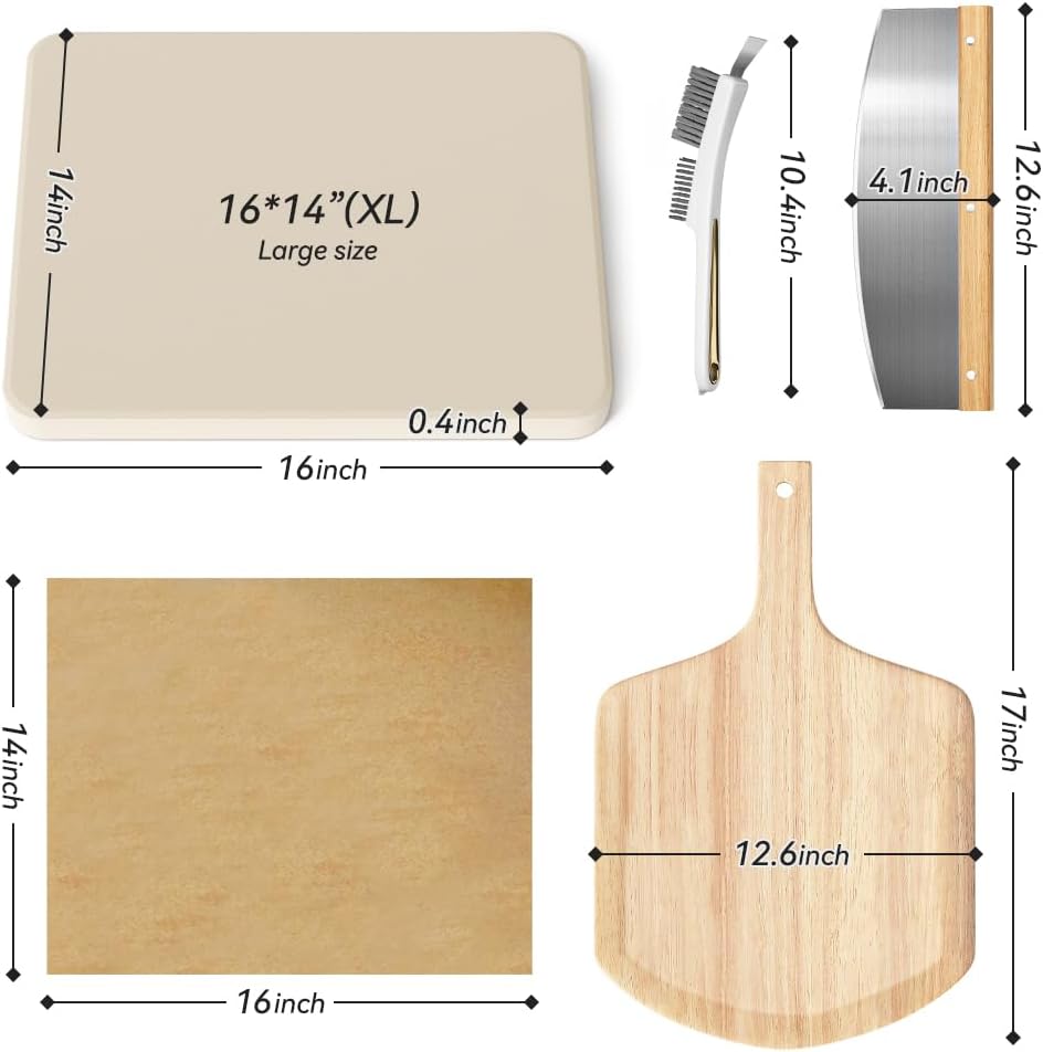 5 PCS Rectangle Pizza Stone Set, 16"Large Pizza Stone for Oven and Grill with Pizza Peel(OAK), Pizza Stone Brush,Pizza Cutter & 10pcs Cooking Paper for Free, Baking Stone for Pizza, Bread,BBQ