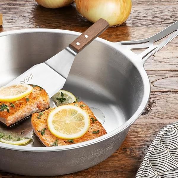 Stainless Steel Spatula Turner for Cast Iron Skillet, Grill Spatula with Wooden Handle, Heavy Duty Pancake Turner Metal