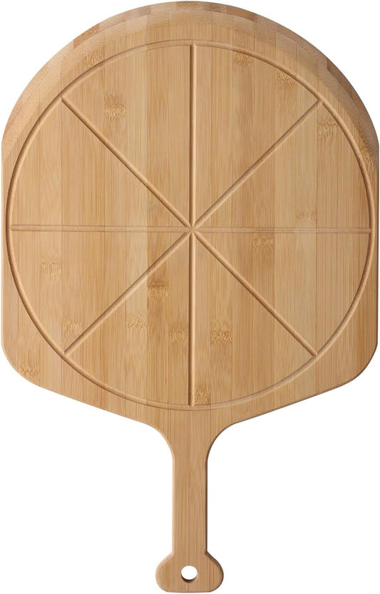 14” Bamboo Pizza Peel - Lightweight Smooth Wooden Pizza Paddle and Pizza Cutting Board with 8 Slice Grooves, Outdoor Pizza Oven Accessories, 21.6 Inch x 14 Inch