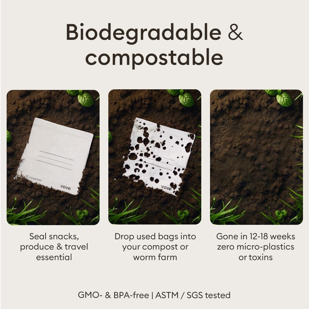 Vove Compostable Quart Bags, Large 30 Count – Freezer Safe, Leak Resistant, Non Toxic Food Storage for Leftovers & Meal Prep, Plastic-Free Eco Bags