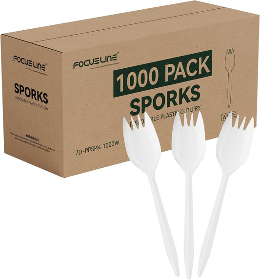 FOCUSLINE 1000 Count White Plastic Sporks, Disposable Sporks Bulk, Heat Resistant Disposable for Take out Restaurants, Family Gatherings, Outdoor Activities