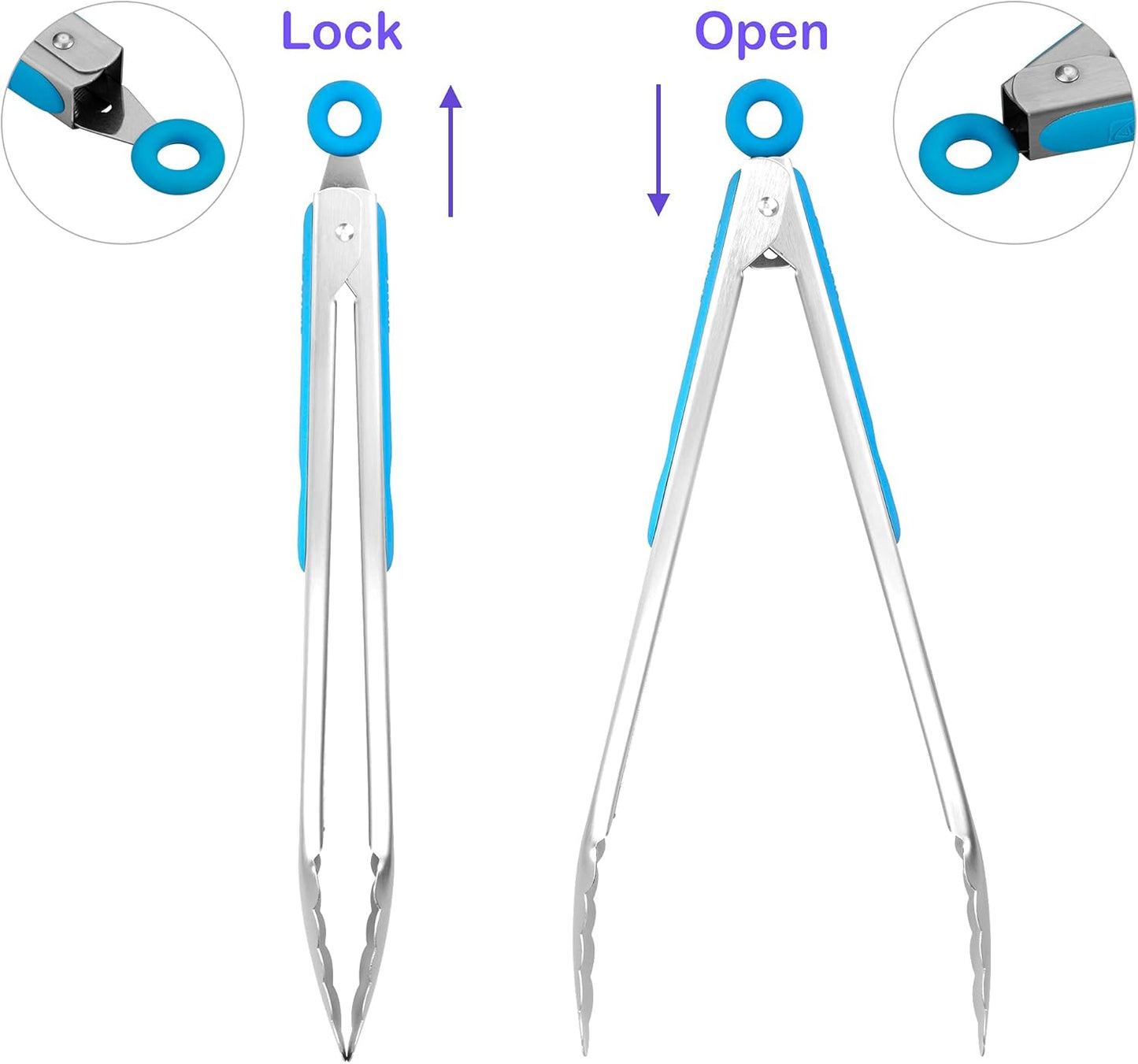 304 Stainless Steel Kitchen Cooking Tongs, 12" and 14" Set of 2 Sturdy Grilling Barbeque Brushed Locking Food Tongs with Ergonomic Grip, Blue