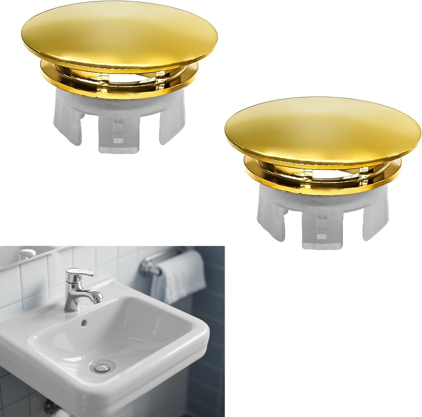 2 Pack Sink Basin Overflow Trim Ring,Solid Brass Bathroom Sink Trim Overfollow Cover,Sink Trim Overflow Cover Insert in Hole Round Caps or Kitchen Bathroom(Bright Gold)