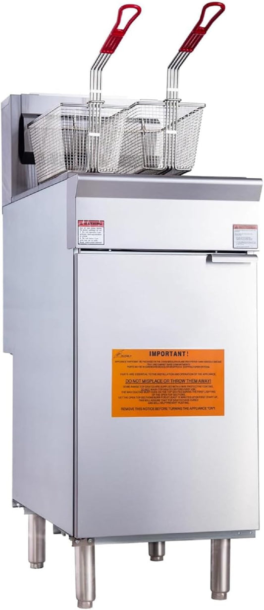 CLIVIA Liquid Propane Deep Fryer, Commercial Floor Fryer with 2 Baskets, 40 lb. Capacity with 3 Burners, Total 90,000 BTU Liquid Propane Powered Fryer for Restaurants