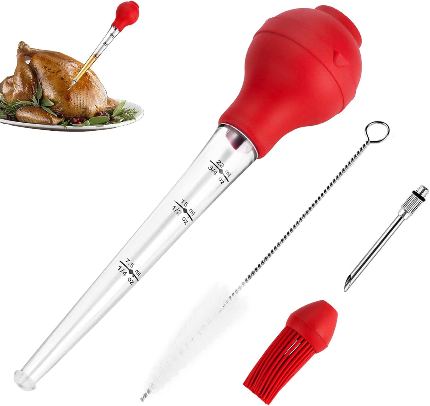 JY COOKMENT Turkey Baster with Barbecue Basting Brush, Baster Syringe for Home Baking and Roaster Turkey, Include Detachable Food Grade Silicone Bulb, Meat Injector Needle and Cleaning Brush