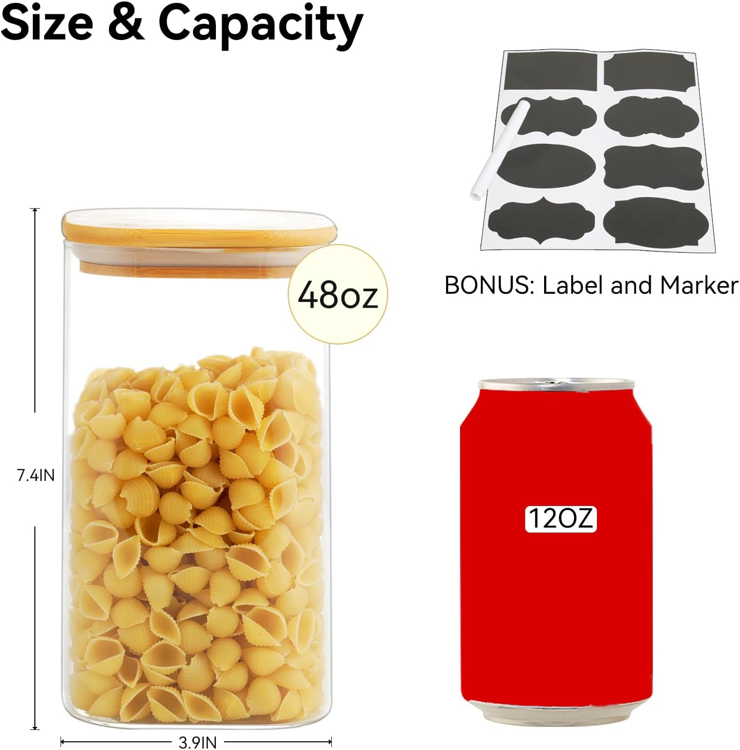 37 oz Glass Food Storage Jars - Set of 6 Glass Canister Sets Square Pantry Storage Containers with Lids for Serving Tea, Coffee, Flour, Sugar, Candy, Cookie, Spice and More