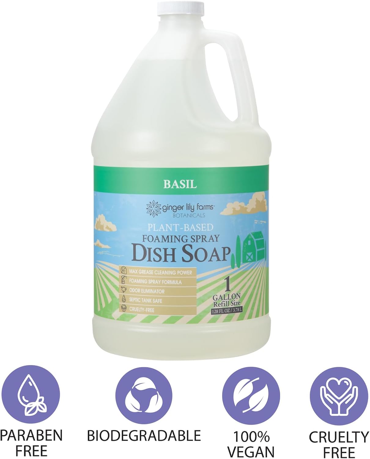 Ginger Lily Farms Botanicals Plant-Based Foaming Spray Dish Soap, Concentrated Formula with Max Grease Cleaning Power, Cruelty-Free, Basil Scent, 1 Gallon Refill (128 Fl Oz)