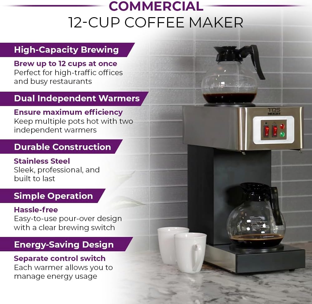 12-Cup Commercial Coffee Maker Stainless Steel - Double Coffee Machine for Office, Restaurant, Industrial Use - 110V High Capacity Office Coffee Maker - TQS Cafe