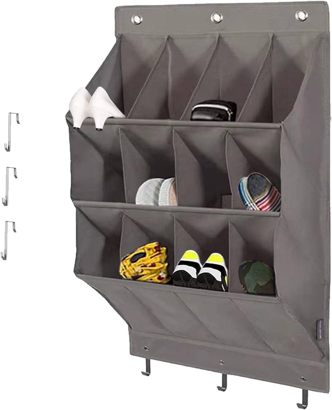 Over the Door Shoe Organizer, Grey 12 Pockets Hanging Shoe Storage Rack with Large Deep Pockets, Oxford 600D Fabric Shoe Storage Rack with 6 hook for Shoes, Home Accessories etc