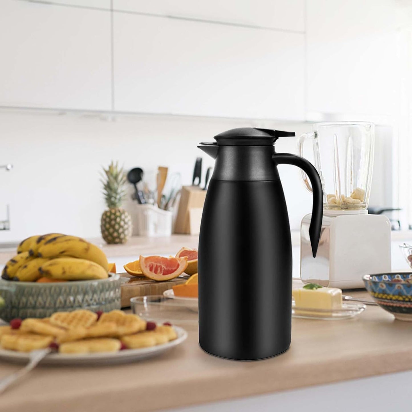 2pcs 70oz Coffee Carafe Airpot Insulated Coffee Urn Stainless Steel Vacuum Thermal Pot Dispenser for Coffee, Hot Water, Tea, Hot Beverage - Keep 12 Hours Hot, 24 Hours Cold (Black)