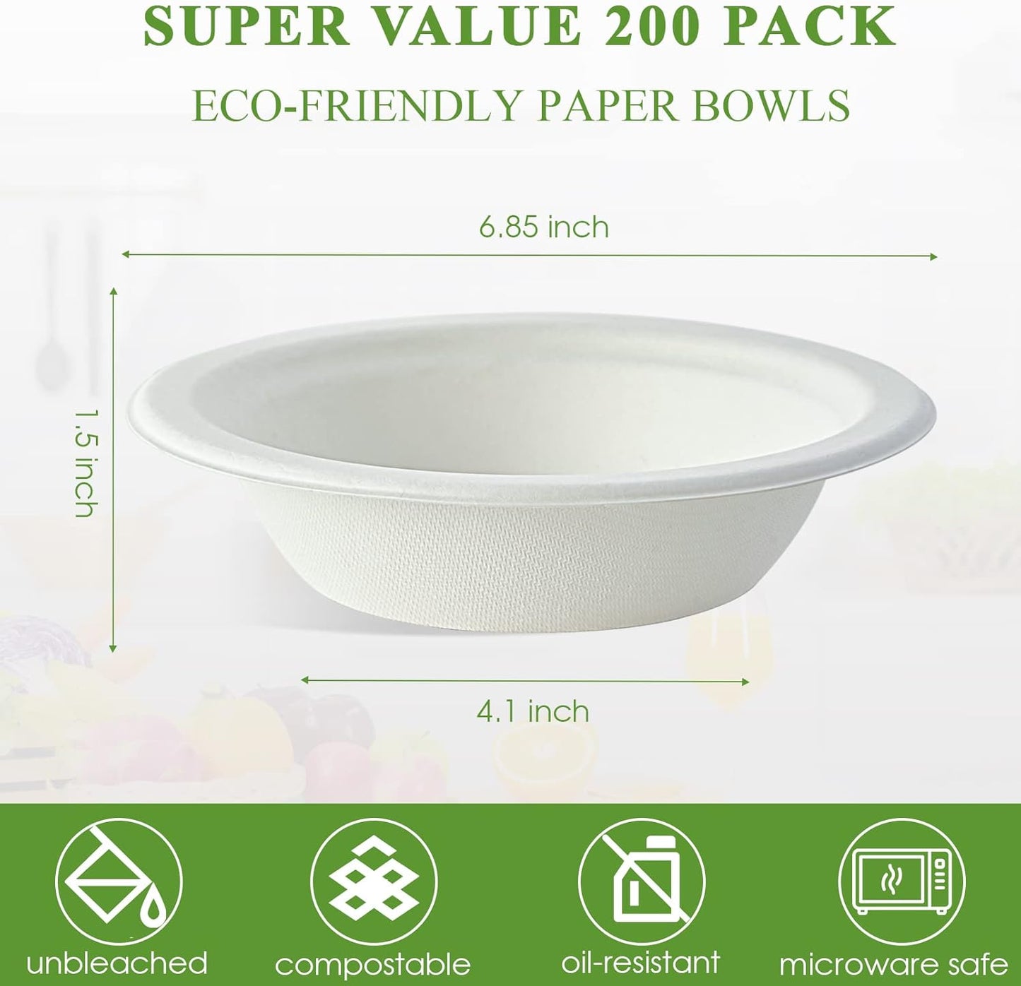Vplus 200 Pack 16 OZ Paper Bowls, Disposable Compostable Bulk, Eco-friendly Bagasse, Heavy-duty Bowls Perfect for Milk Cereals, Snacks, Salads