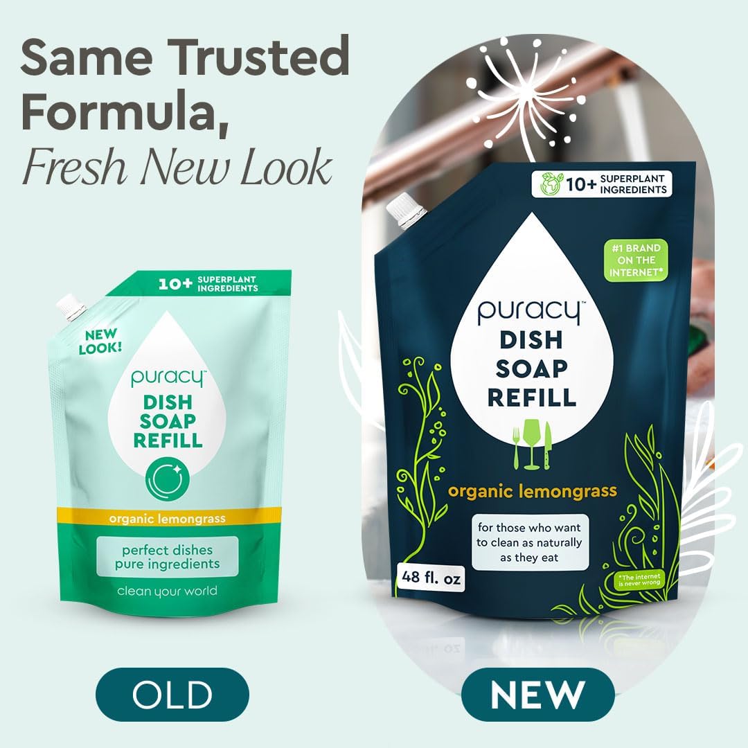 Puracy Natural Dish Soap Refill Bundle- Enzyme-Powered Dishwashing Soap, Organic Dishsoap Liquid Clean Non-Toxic (Organic Lemongrass, 16oz and 48oz Refill)