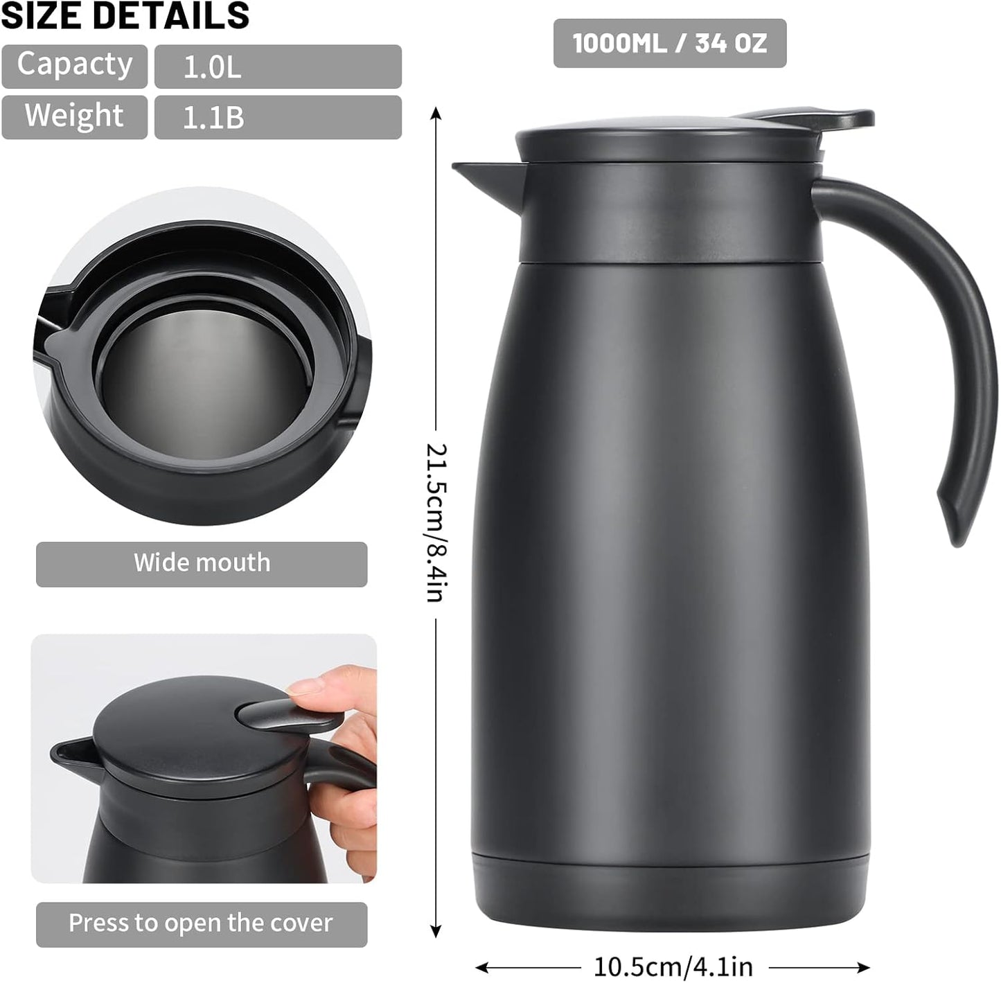 34 Oz Thermal Carafe, Insulated Stainless Steel Coffee Carafes for Keeping Hot Coffee & Tea for 12 hrs and Cold for 24 hrs, 1L/Black