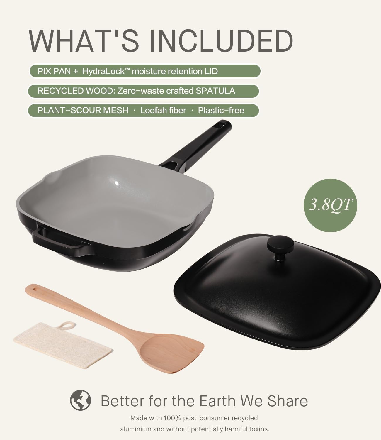 10.5 Inch(3.8QT) Deep Frying Pan,Non Stick Frying Pans Cast Aluminum,Ti-Ceramic Non Toxic Pix Pan with Lid,Natural Wooden Spatula and Loofah Scrubber-Midnight Hearth