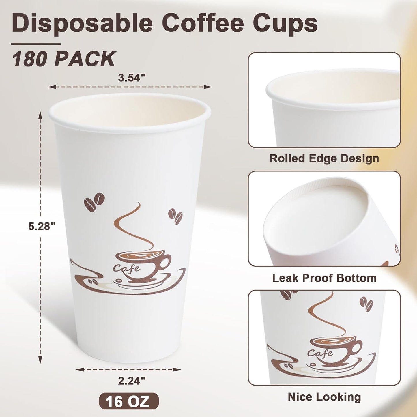 Lamosi 180 Pack 16 OZ Coffee Cups, Disposable Paper Cups for Hot/Cold Beverage, Leak-Free Paper Coffee Cups no Lids for Cafe, Restaurant, Office and Home