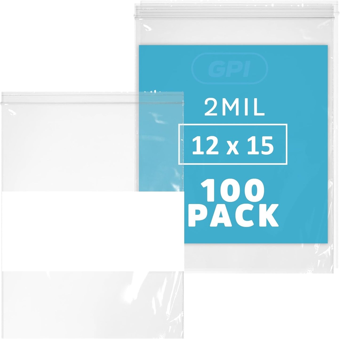 12" x 15" Large Zip Bags, 2 Mil Thick Clear Plastic Reclosable Zipper Lock Bags with Write-on White Block, with Resealable Zip Top Lock for Food Storage & Office Supplies, 100 Count