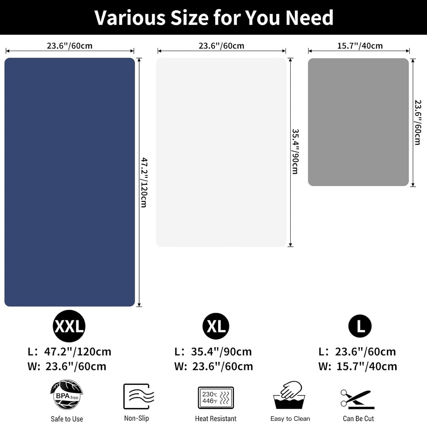 2MM Extra Thick Silicone Mats for Kitchen Counter, 35.4"x23.6" Kitchen Island Largest Heat-Resistant Baking Mat, Thicker Non-Slip Desk Protect Mat, Multipurpose Countertop Protector, Light Gray