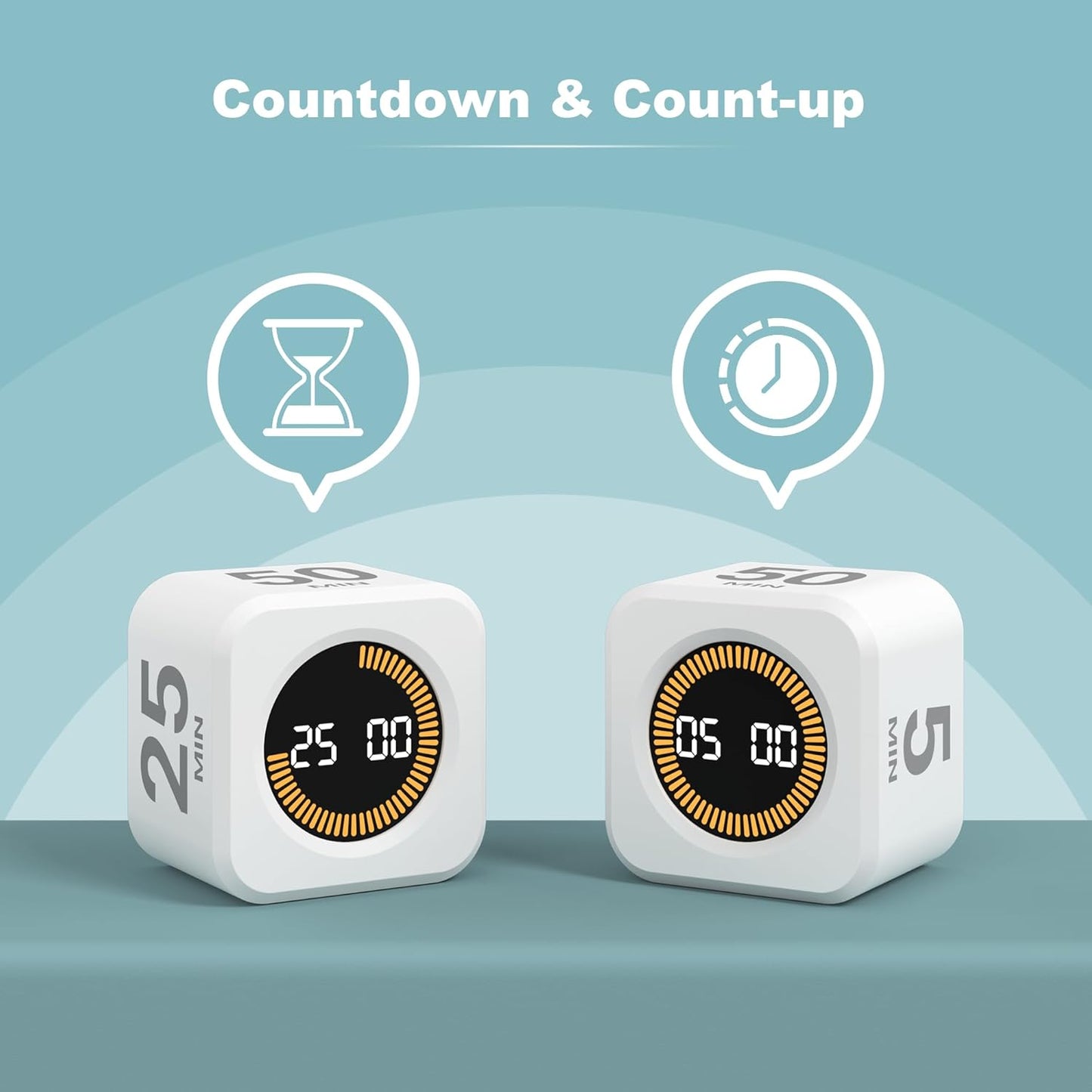 KADAMS Pomodoro Cube Timer Productivity Visual Timer - 5/10/25/50 Min Rotating Countdown, Customize Countup Silent Mode- for Work Study Cook Workout Kitchen Back to School Classroom (White)