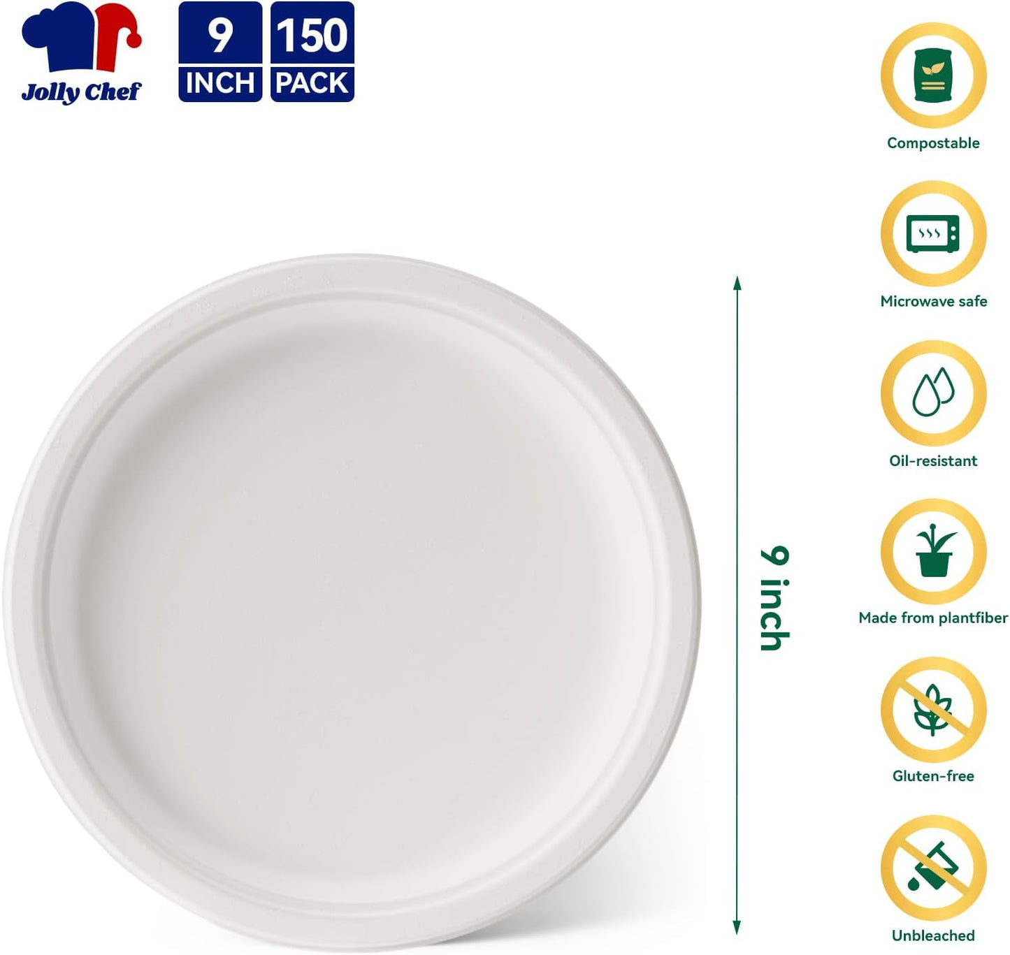 JOLLY CHEF Compostable Heavy Duty Plates 9 Inch [150 Pack] Eco-Friendly Disposable Natural Paper Plates Bagasse Biodegradable Bulk for Party Dinner Sugarcane Fibers Round 150 Count(White)