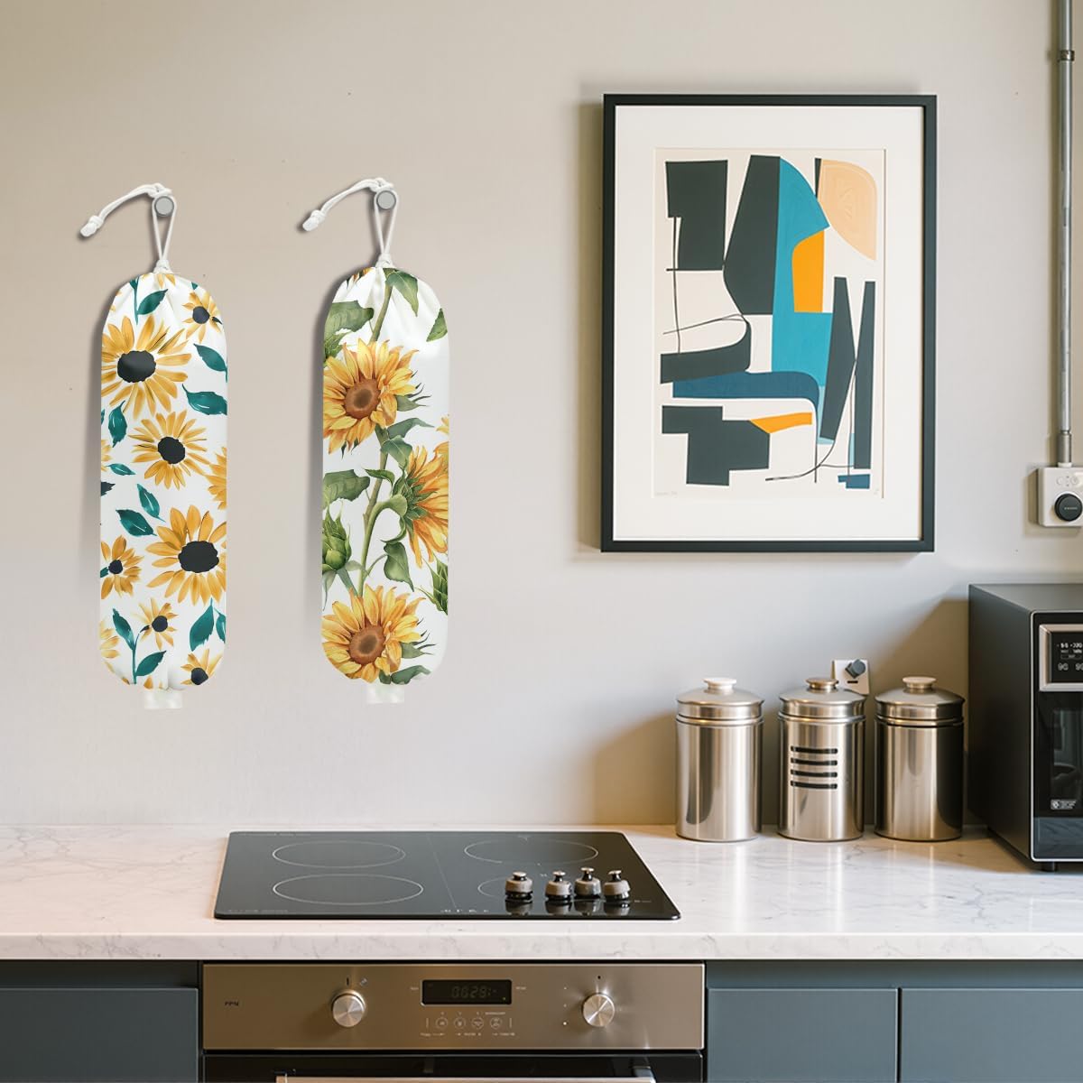 2Pcs Watercolor Sunflower Plastic Bag Holder, Wall Mount Grocery Bag Holder for Plastic Bags, Vintage Rustic Sunflower Large Reusable Grocery Bags Storage Dispenser for Home Kitchen Pantry