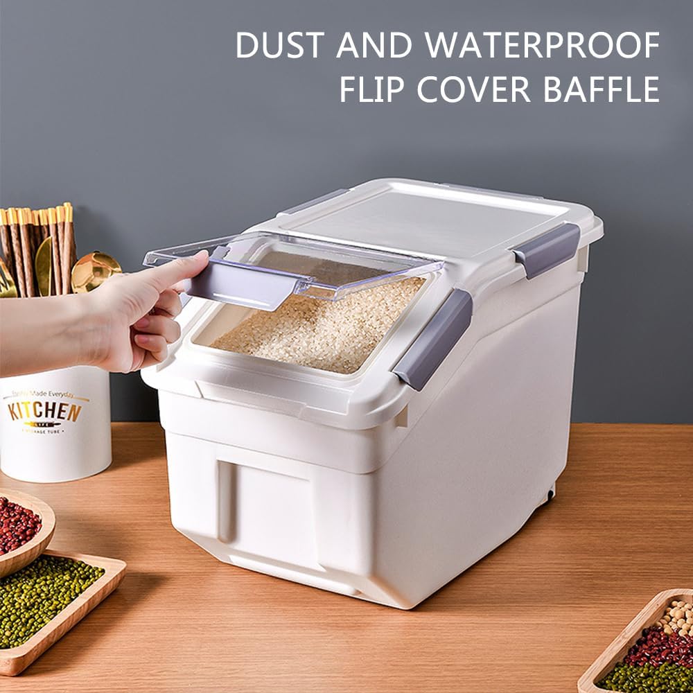 20Lbs 2 Pack Food Storage Container with Scoop, Airtight Rice Storage Bins Flour Containers Pet Food Dispenser with Handle & Wheels, Plastic Kitchen Pantry Organization for Cereal Baking Supplies