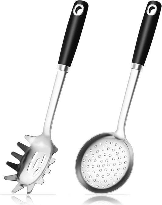 18/0 Stainless Steel Spaghetti Spoon & Slotted Spoon for Cooking, Heavy Duty Frying Spoon Pasta Strainer Skimmer, Cooking Utensils Commercial and Residential Use, Pack of 2