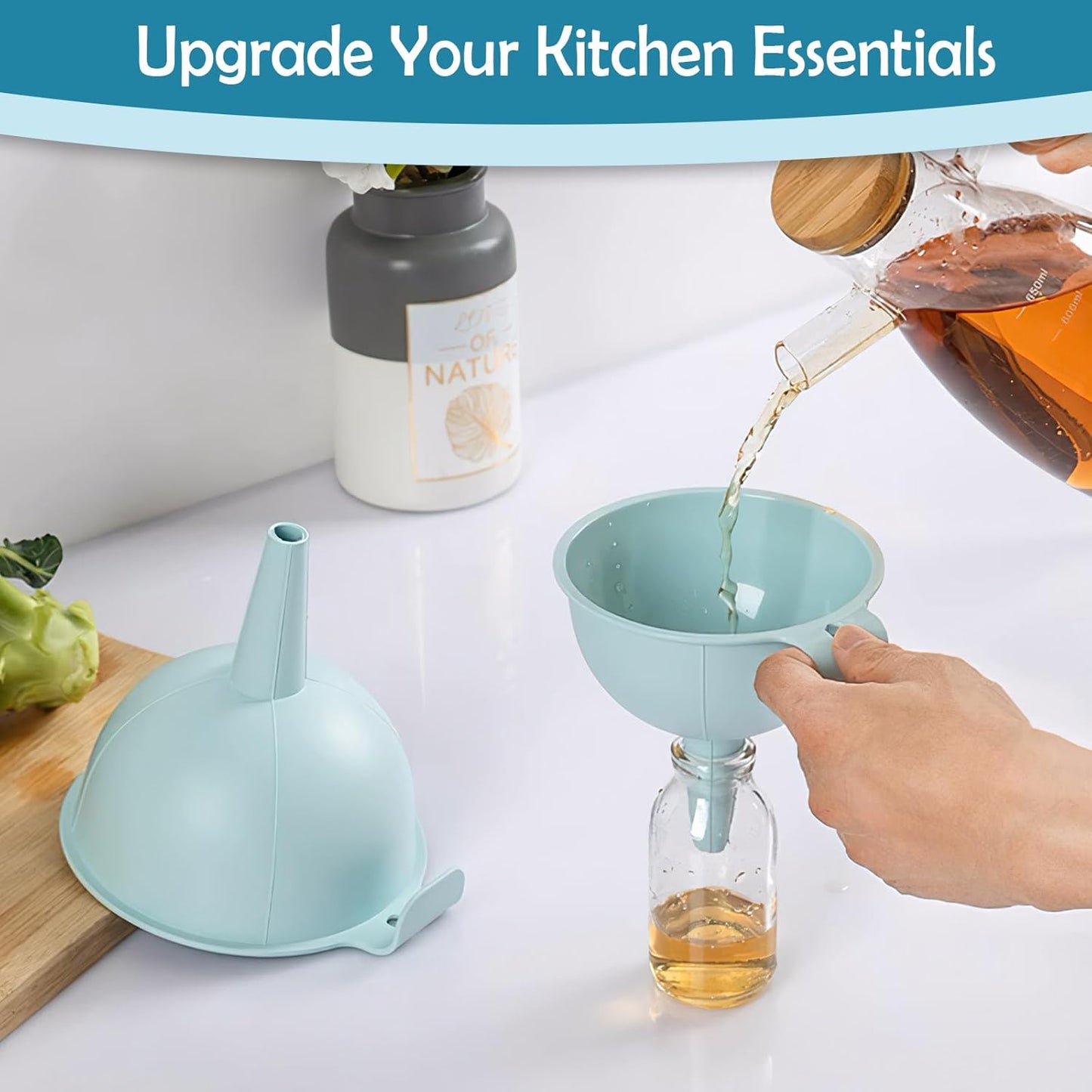 3-Piece Plastic Funnel Set - 5-Inch Diameter Kitchen Funnels for Bottles, Jars, and Lab Use (Blue)