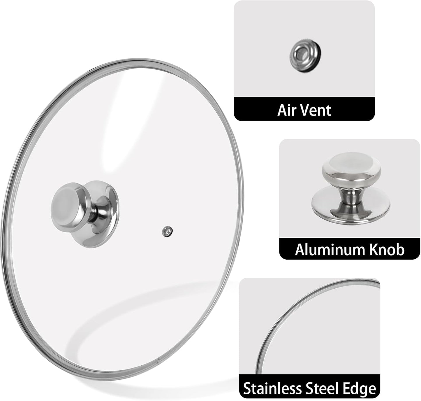 10.25 inch Tempered Glass Lid for Pots, Frying Pans and Skillets, Replacement Cover with Stainless Steel Knob Handle, Dishwasher Safe