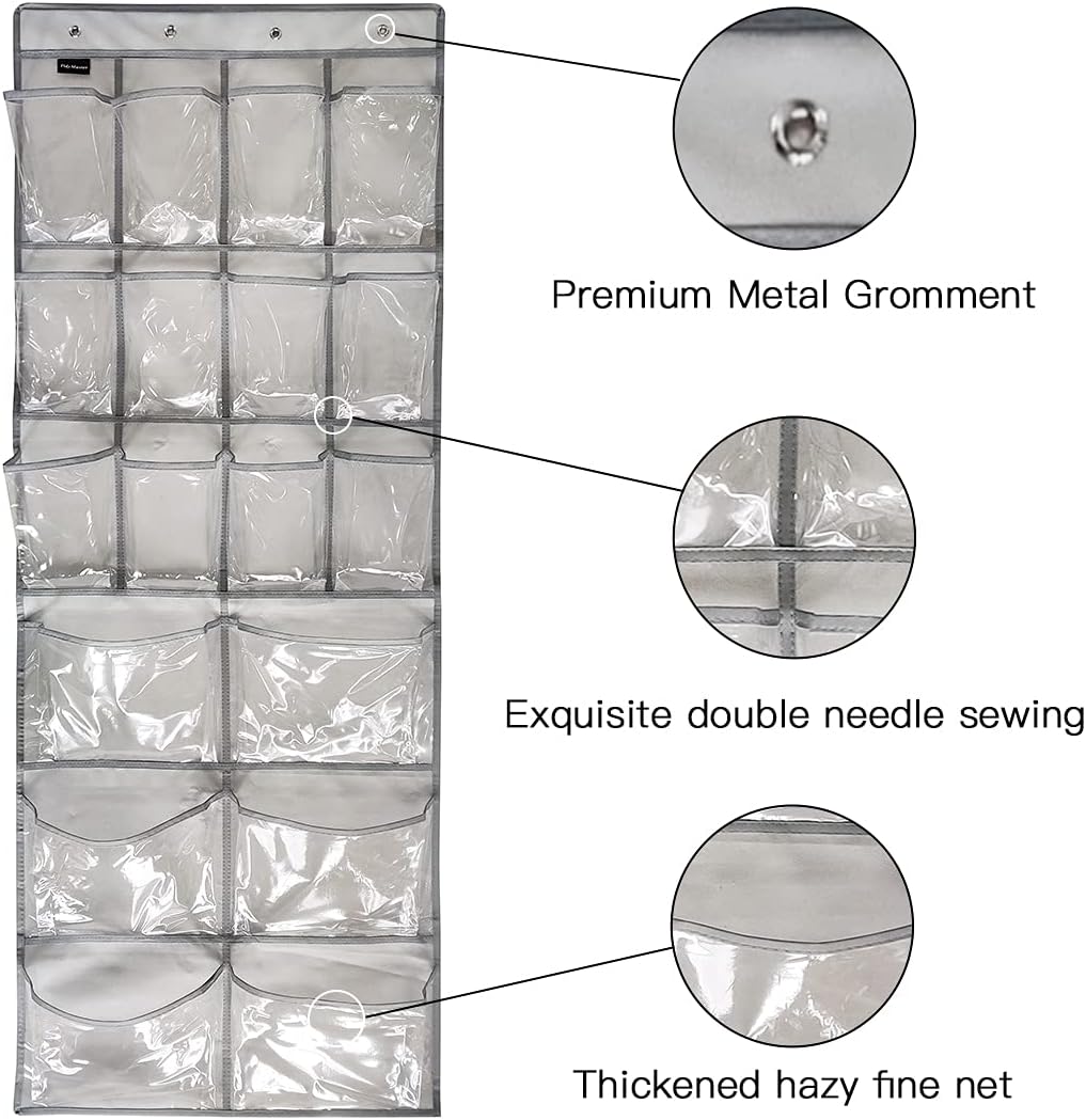 2 Pack Extra Large Hanging Crystal Clear Over Door Shoe Organizers, Closet Shoe Rack Organizer, 12+6 Pockets, 8 Hooks, Grey (59" x 21.6")
