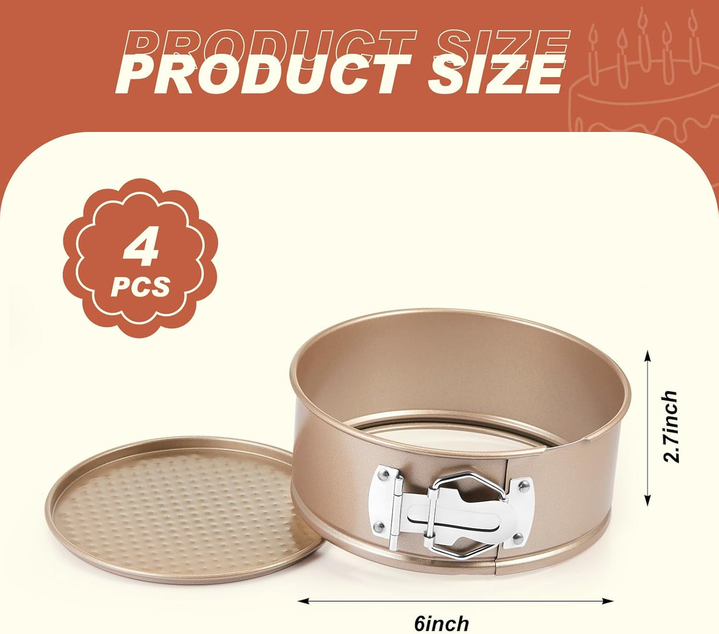 4 Pcs 6 Inch Non Stick Springform Pan with Removable Bottom Carbon Steel Round Springform Cheesecake Pan with Stainless Steel Spring Buckles for Baking Kitchens Restaurant(Champagne Gold)