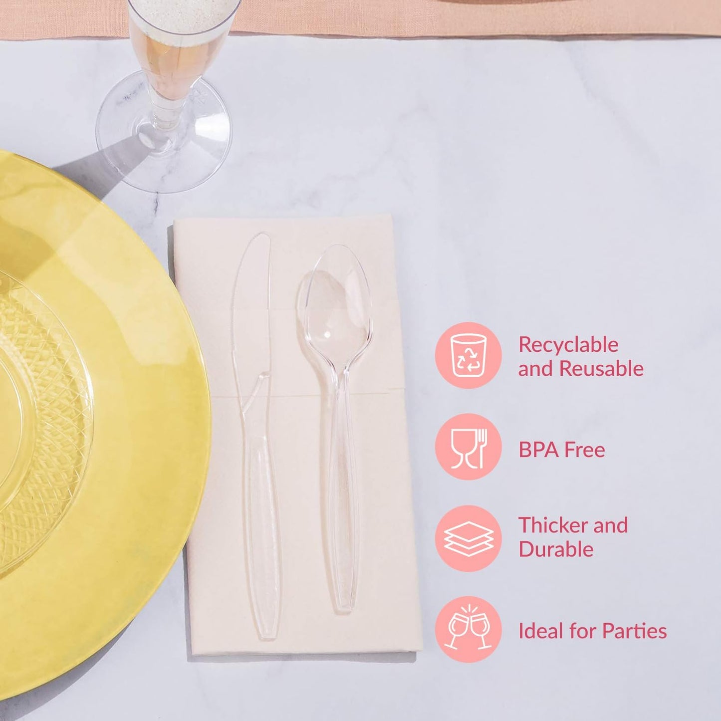 Prestee 100 Clear Plastic Spoons Bulk - Durable Disposable Plastic Silverware Spoons - Heat-Resistant Spoon Cutlery - Heavy Duty Flatware Pack - Disposable Silverware Utensil Set for Hot and Cold Food