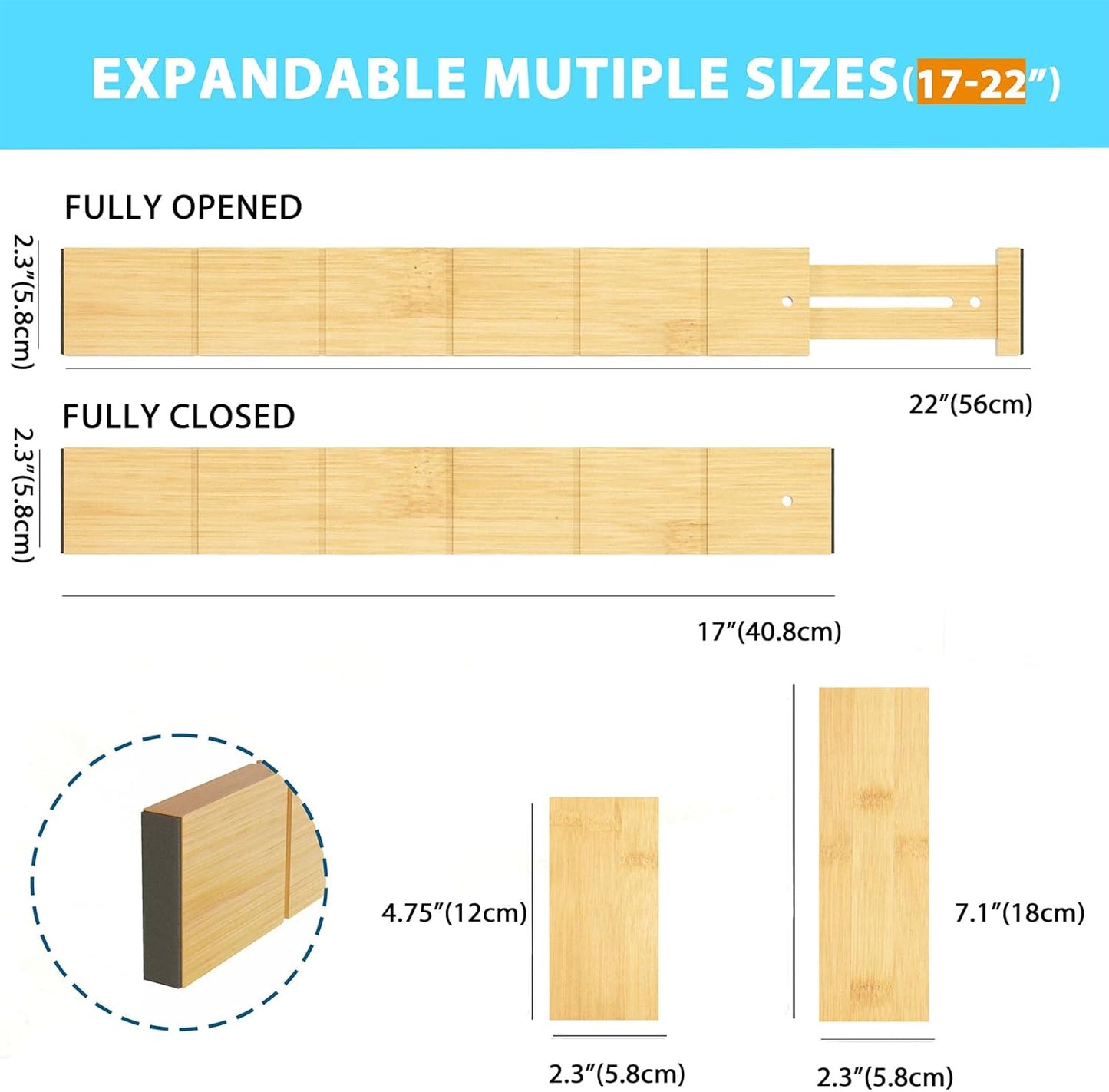 6 Pack Bamboo Drawer Dividers with 12 Inserts, Expandable Adjustable Clothes Drawer Organizers and Storage from 17" to 22" for Kitchen, Bedroom, Dresser, Cosmetics (Natural)