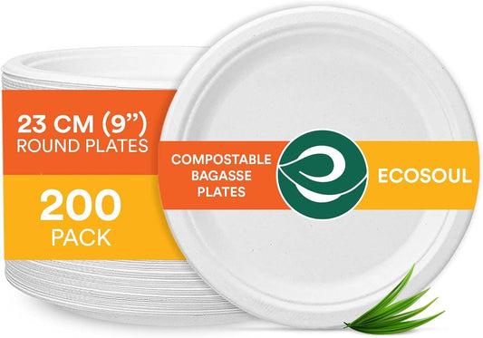 ECO SOUL Pearl White 9 Inch 200 [2x100 Pc] Paper Plates | 100% Compostable Disposable Bagasse I Heavy Duty Eco-Friendly Dinner Plates I Biodegradable Plates