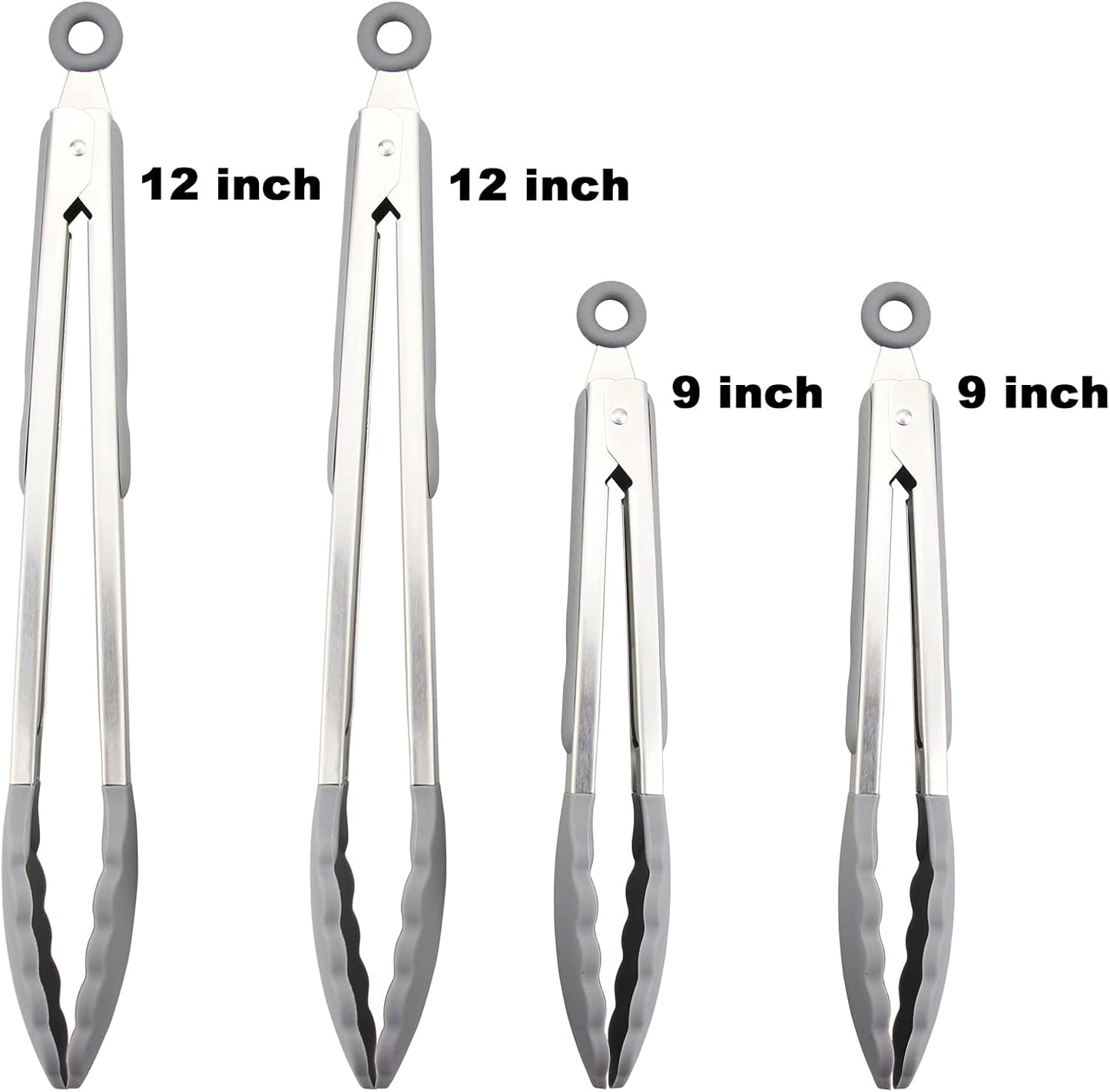 4 Pack Aqua Sky Kitchen Tongs, Premium Silicone BPA Free Non-Stick Stainless Steel BBQ Cooking Grilling Locking Food Tongs, 9-Inch & 12-Inch