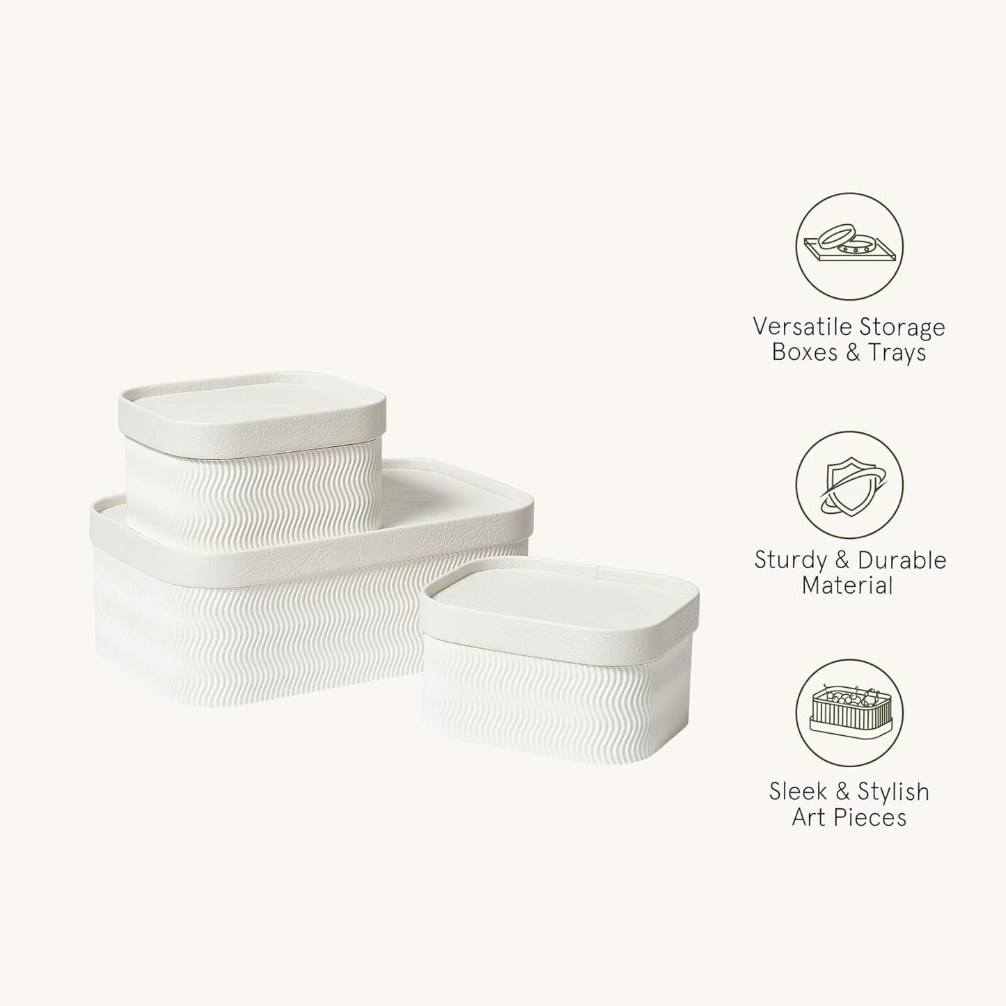 LA JOLIE MUSE Fluted Cardboard Storage Baskets with Leather-Like Lids, Paper Boxes Decorative Tray, Modern Basket Organizer Bins for Organizing,Eggshell White