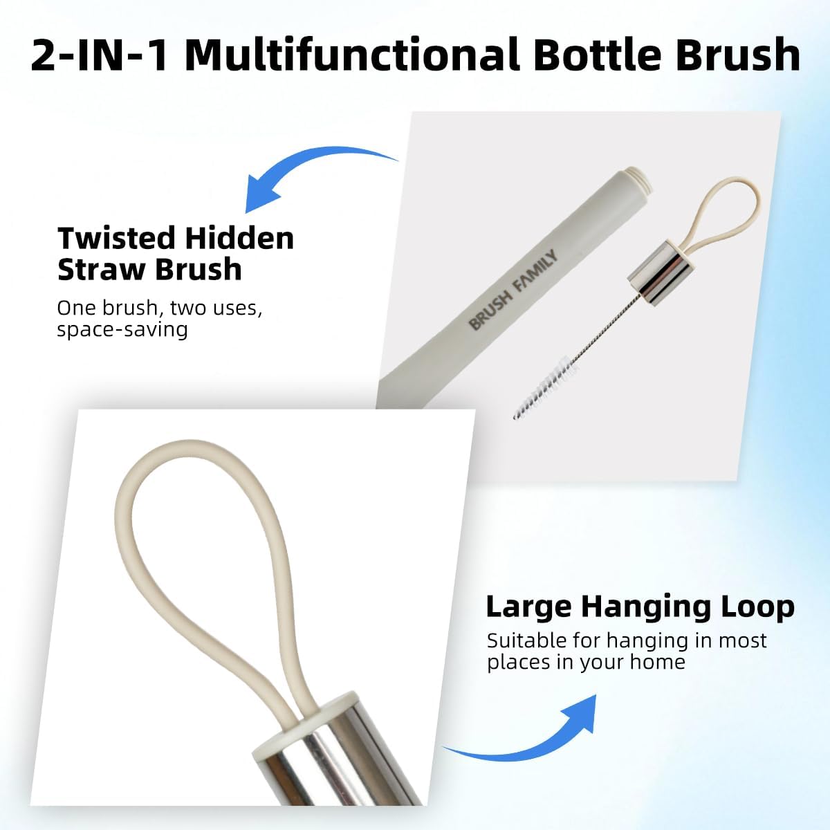 2 Pack Dish Brush Set with Dish Brush with Handle and 2-in-1 Water Bottle Brush with Removable Straw Brush for Bottles Cups, Dish Scrub Brush with Scraper Tip for Dishwashing Pans Pot Sink