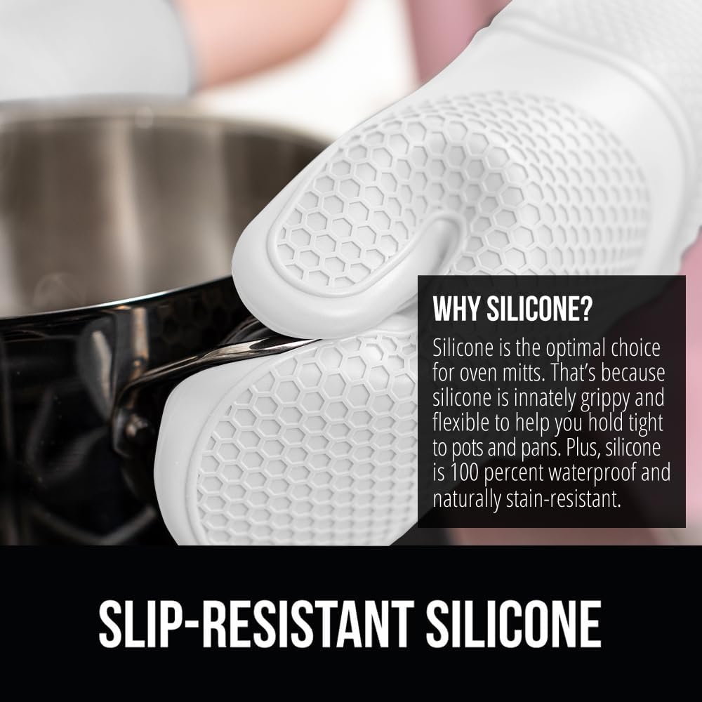 GORILLA GRIP BPA-Free Soft Silicone Oven Mitts, Heat Resistant and Waterproof Cooking Gloves, Thick Cotton Lining, Flexible Gripping for Baking Grilling, Kitchen Potholders Set of 2, 12.5x8.3, White