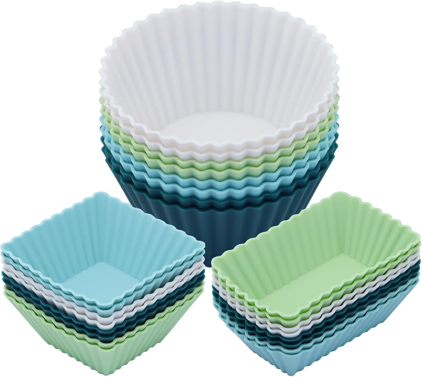 24Pack Silicone Muffin Cups, Reusable Cupcake Liners Molds for Baking, 3 Shapes Lunch Box Bento Dividers-Round, Square, and Rectangular (Neutral Colors, Large Size)